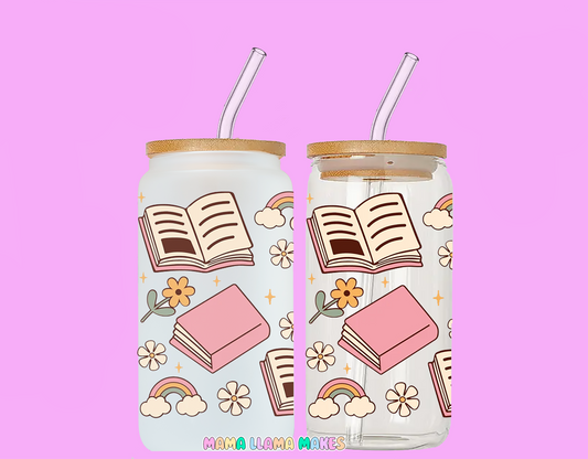 Books, rainbows and flowers can glass