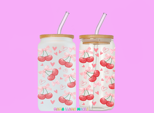 Bows, cherries and love hearts can glass