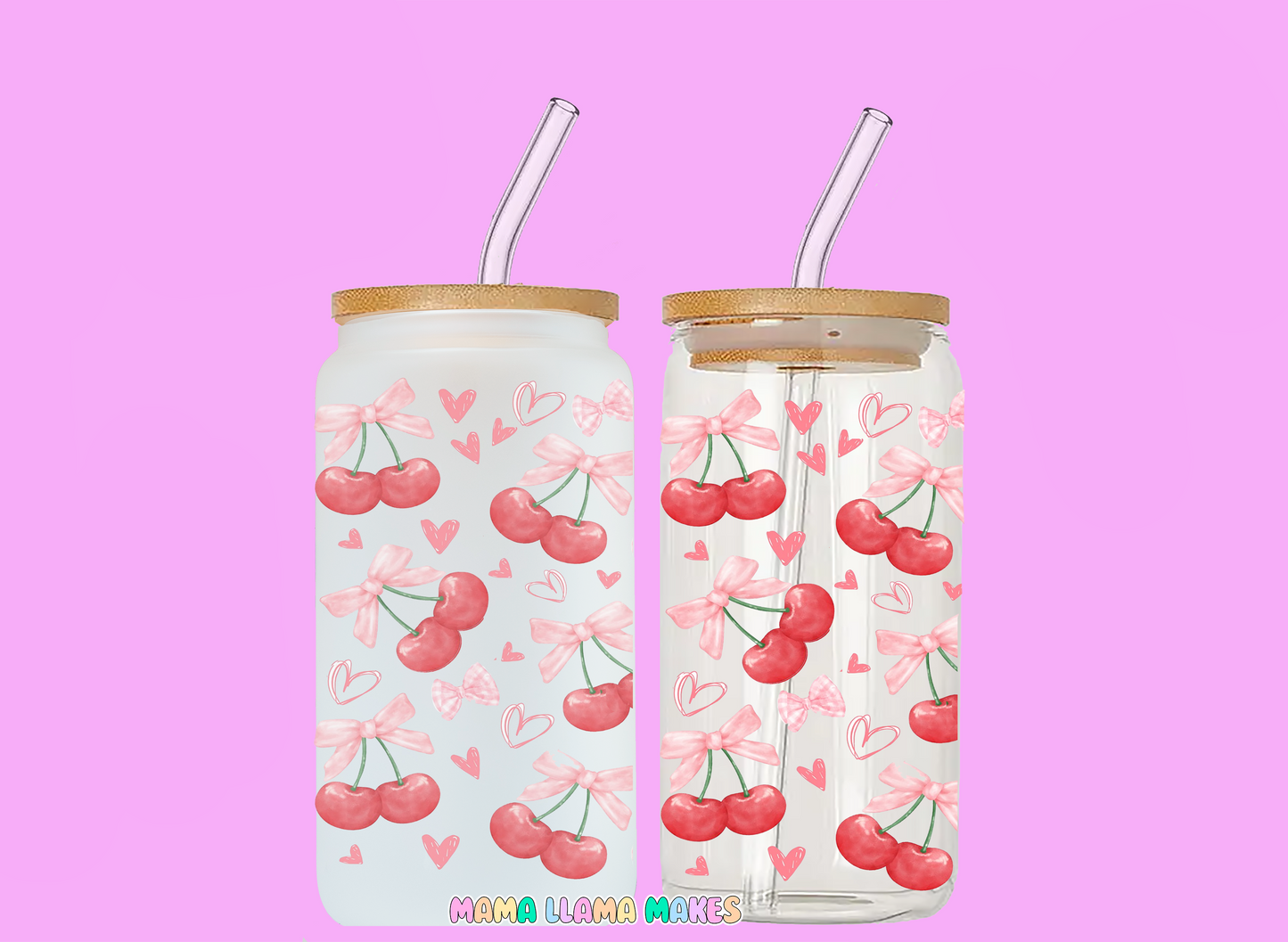Bows, cherries and love hearts can glass
