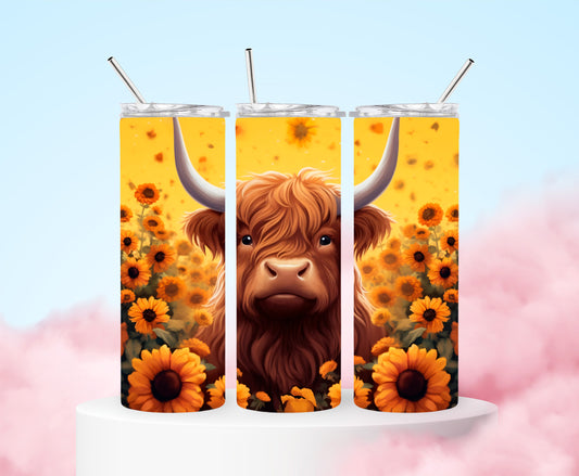 Highland cow with sunflowers