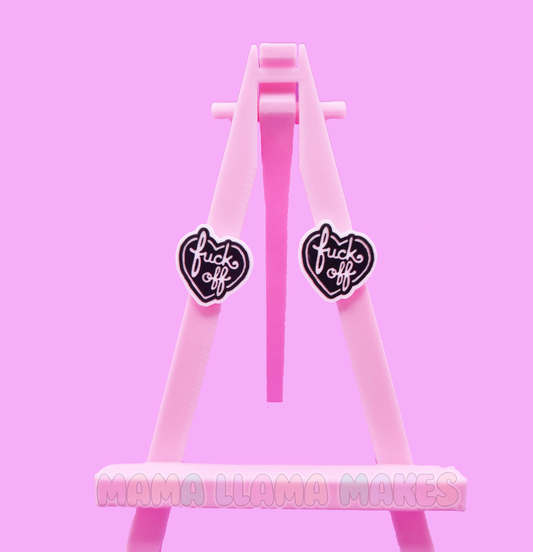 fuck off black love heart studs